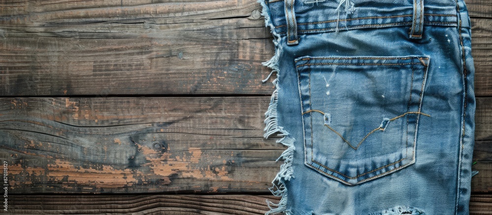 Aufkleber grungy blue denim jeans with old torn patching texture on a rustic wood background, suitable for cop
