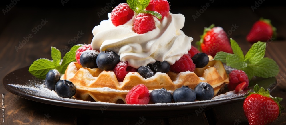 Aufkleber delicious waffles topped with fresh berries and cream, ideal for any breakfast or brunch menu, creat