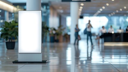 Blank vertical advertising billboard located in an airport terminal with blur background of passengers