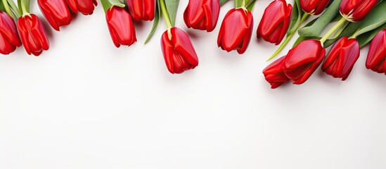 Top view of lovely red tulips against a white backdrop, providing ample space for adding text or other images.