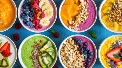 Assorted smoothie bowls with fresh fruits, oats, and seeds on a blue background, vibrant colorful healthy breakfast