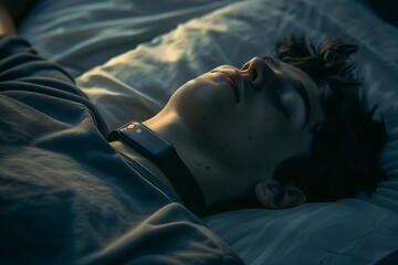 Minimalist sleep tracker, photorealistic, close-up, dramatic lighting, ergonomic design