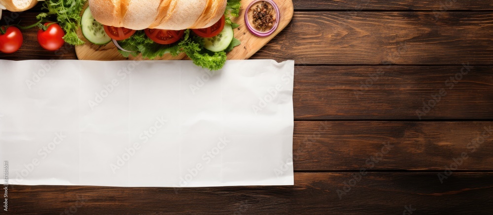Aufkleber top view of a wooden table background with a fresh homemade sandwich on a blank white paper, offerin
