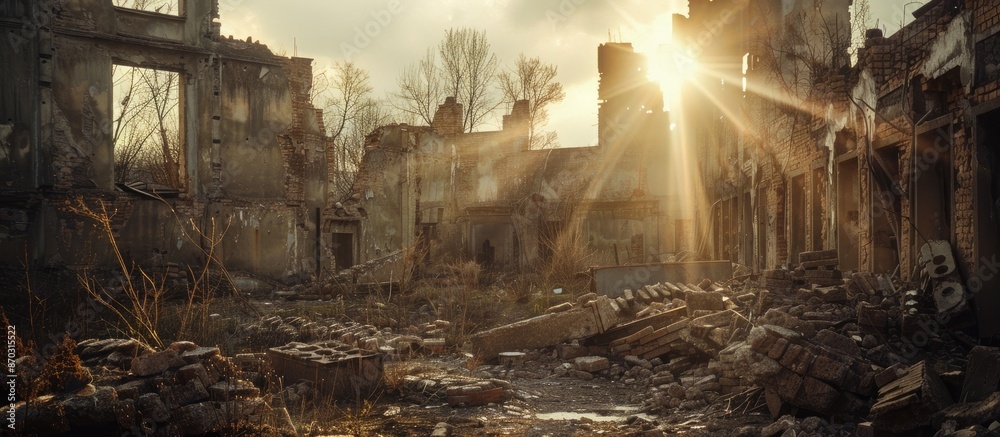 Poster Walls of buildings in ruins of war. with copy space image. Place for adding text or design