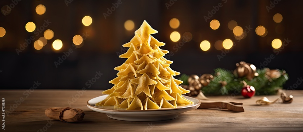Aufkleber Raw pasta in the shape of a Christmas tree on a wooden table with room for text or other elements in the photograph. with copy space image. Place for adding text or design