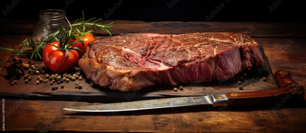 Aufkleber a rustic background showcasing a seasoned cowboy steak on a knife, with plenty of copy space for any