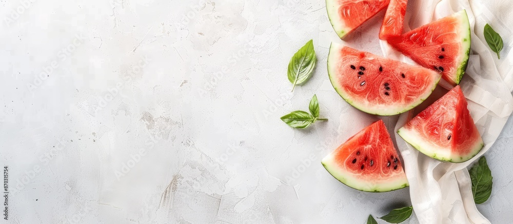 Fototapete Watermelon slices and napkin displayed on a table with a white background, ideal for showcasing copy space image.