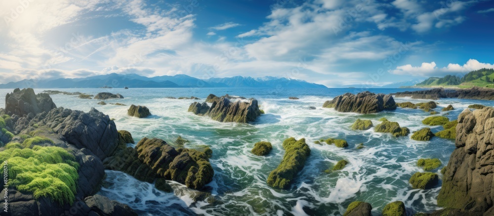 Poster scenic ocean view with waves hitting mossy rocks, displaying the serene beauty with ample copy space