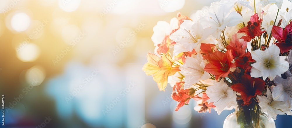 Aufkleber abstract background with a defocused and blurred image of colorful blooming red, white, orange, and 