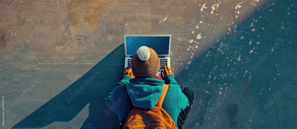 Poster A person using a laptop computer is seen from a bird's-eye view in the copy space image.