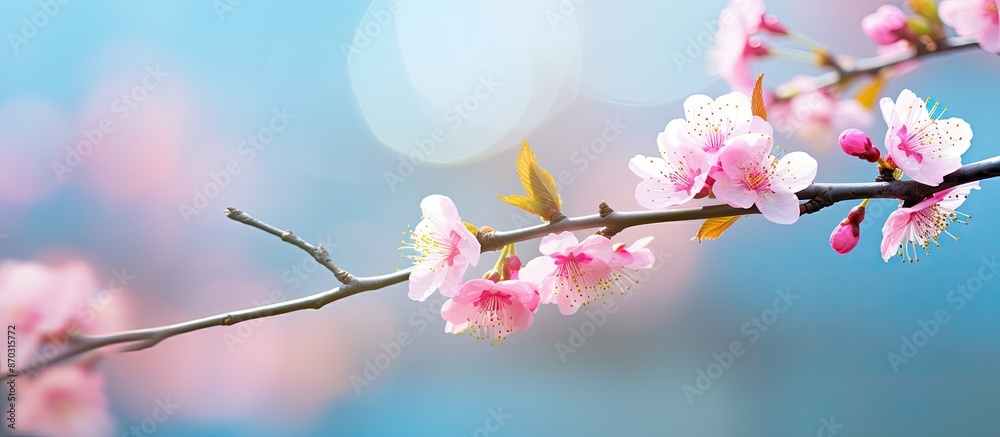 Poster Close-up of pink cherry blossom twig with selective focus and copy space image against a blue bokeh background captures the beauty of spring sakura blossoms.