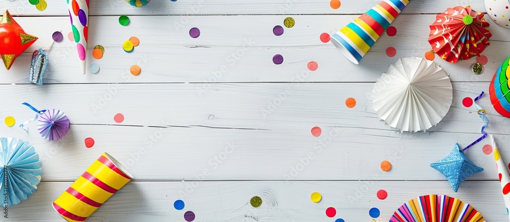 Poster flat lay composition of carnival items on a white wooden background with copy space image for text.