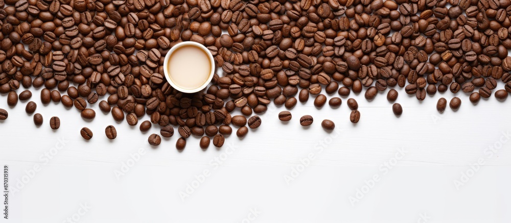 Poster coffee beans arranged in a circle with a scoop on a white wooden surface, providing a clear center f