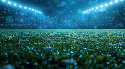 A low-angle view of a green grass field at night, illuminated by bright stadium lights