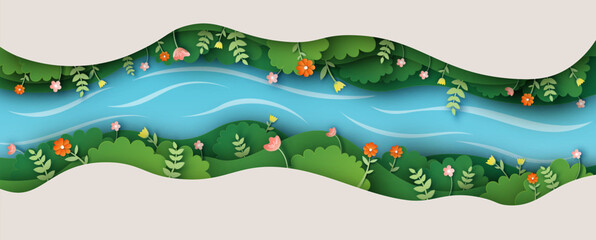 Paper layer cut of top view environment in spring forest with flower, trees, river, and narrow valley. Spring valley. paper cut and craft style. vector, illustration.