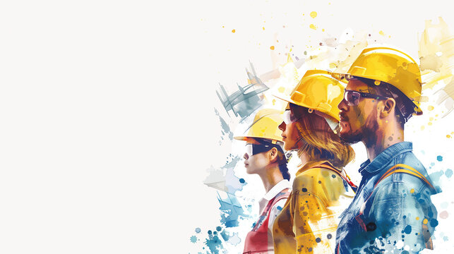 Group of working people wearing yellow helmet, man and woman, different race, in watercolor style, labor day, background, copy space - Powered by Adobe
