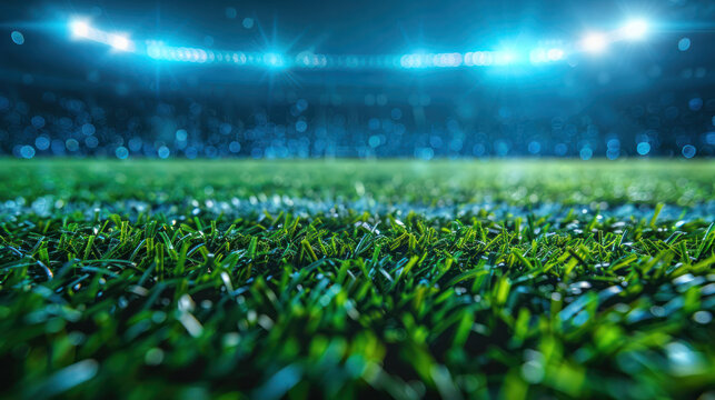 A close-up view of a green grass field at a sports stadium lit up at night - Powered by Adobe