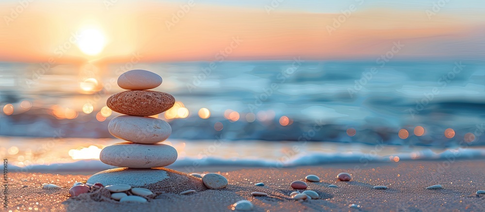 Poster zen concept. the object of the stones on the beach at sunset. harmony & meditation. zen stones. copy