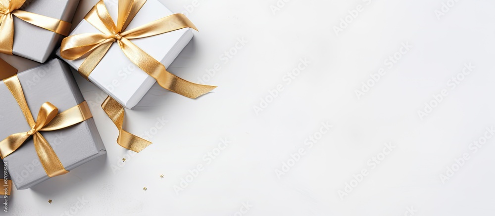 Aufkleber Gift box displayed on a gray table against a white background with mockup gifts. Top view with ample copy space image.