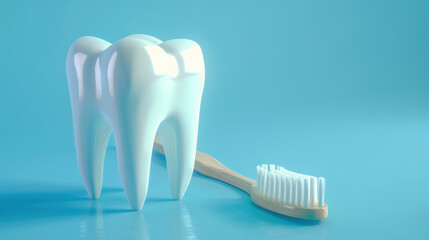 A close-up image of a white tooth model and a wooden toothbrush on a light blue background