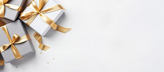 Gift box displayed on a gray table against a white background with mockup gifts. Top view with ample copy space image.