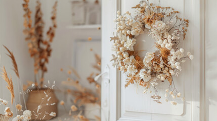 A close-up shot of a dried flower wreath hanging on a white door, adding a touch of boho charm to the homes interior