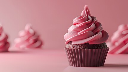 Delicious chocolate cupcakes with pink frosting on a soft pink backdrop. Sweet treats perfect for celebrations and desserts. High-quality stock photo.