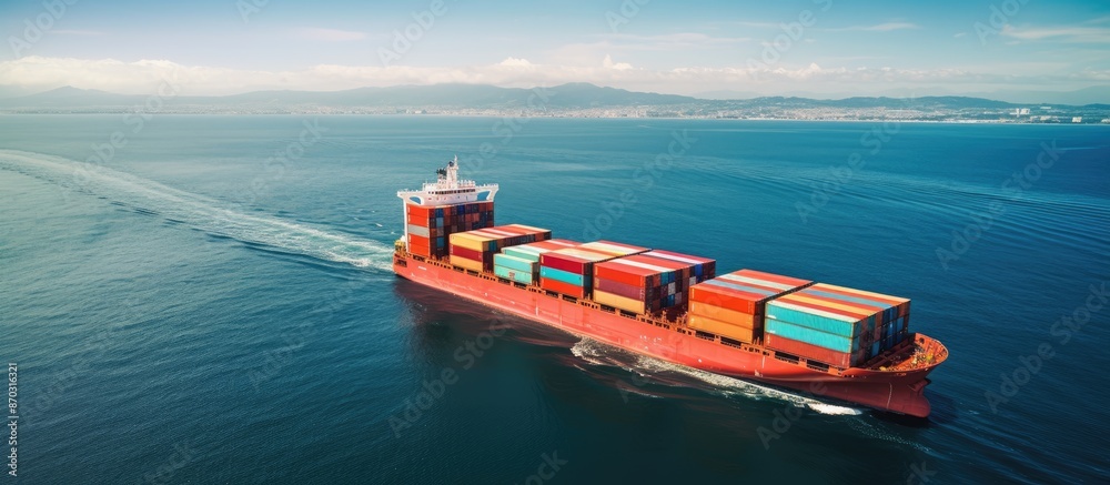 Aufkleber container cargo ship sailing on the ocean, viewed from above with available copy space image.