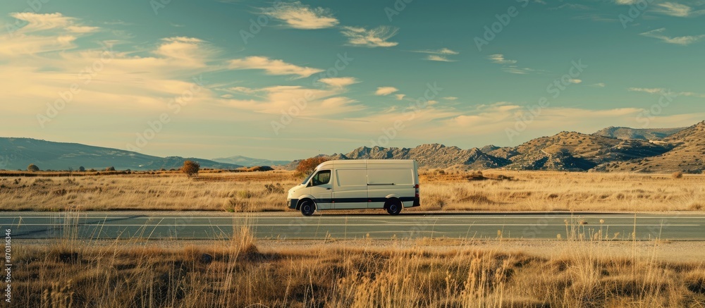 Poster delivery van on a road during delivery. Copy space image. Place for adding text or design