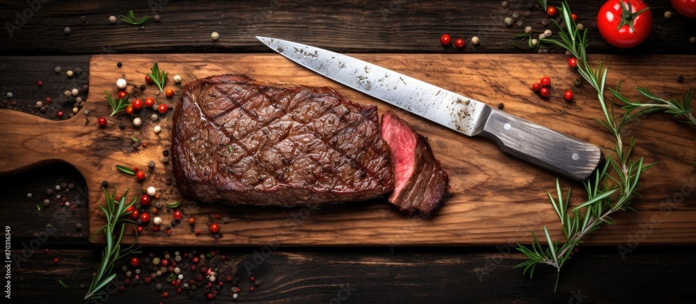 Aufkleber a rustic background showcasing a seasoned cowboy steak on a knife, with plenty of copy space for any