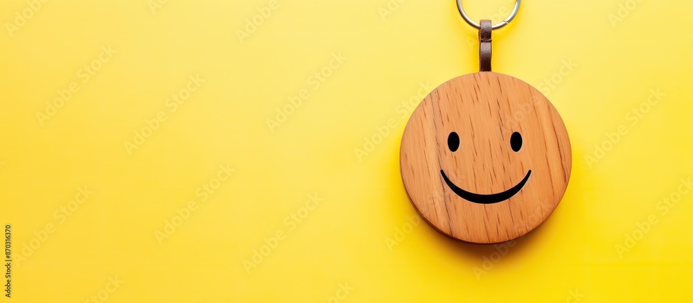 Poster Top view of a wooden keychain shaped like a smiley face on a yellow background with empty space for text. with copy space image. Place for adding text or design