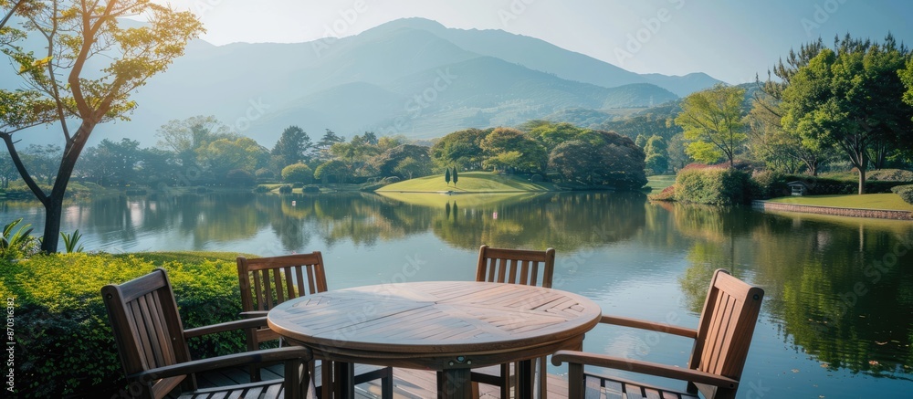 Poster Scenic garden landscape with a serene river and mountain in the background, featuring an empty dining table with copy space image.