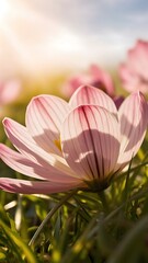 Closeup beautiful pink cosmos flower in the field with sunlight