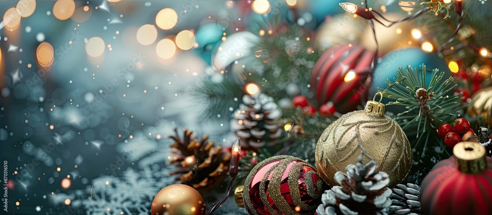 Leinwandbilder Festive Christmas ornaments with empty space for text or graphics in the frame. with copy space image. Place for adding text or design
