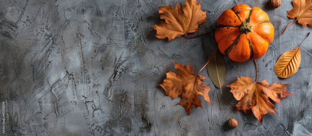 Poster a thanksgiving-themed flat lay arrangement featuring dry leaves and a pumpkin on a gray stone backdr