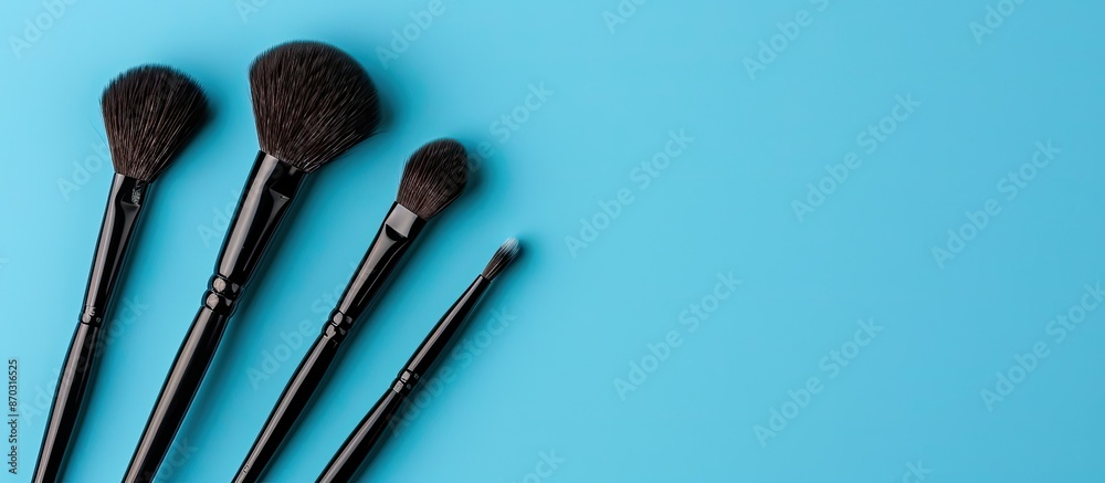 Poster makeup brushes for eyeshadow on a blue backdrop with copy space image.