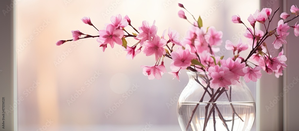Poster Close-up of pink blooming branches in a glass vase in front of a window with copy space image.