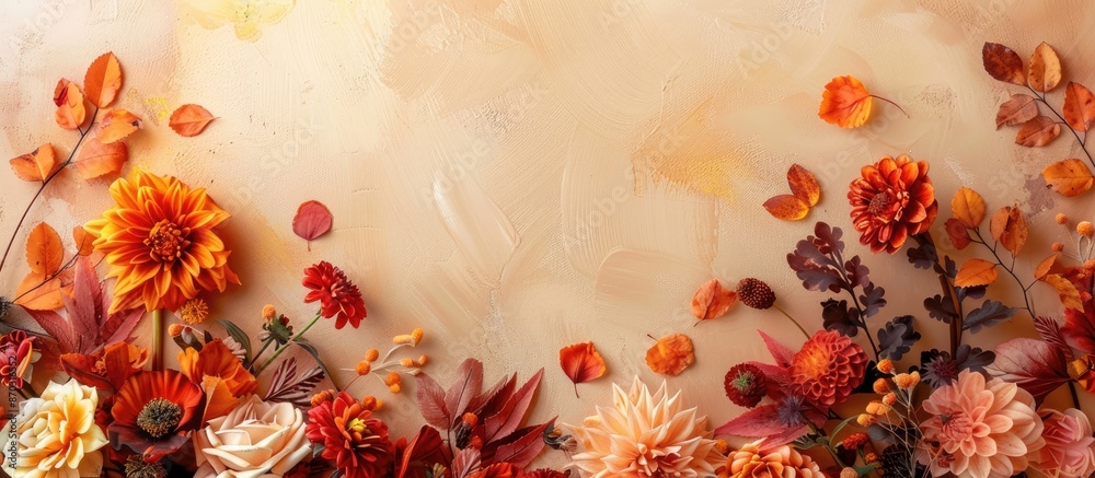 Aufkleber an autumn-themed floral arrangement border on a soft beige backdrop, emphasizing the fall season wit