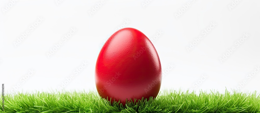 Aufkleber A red Easter egg is placed on vibrant green artificial grass against a white background with room for text or an image. with copy space image. Place for adding text or design