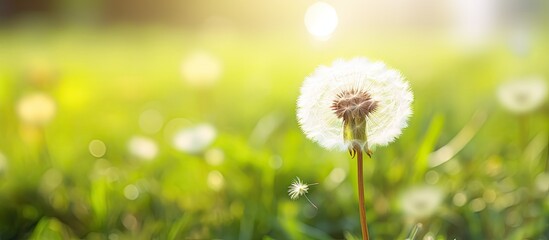 Fototapeta premium Close-up shot of a white fluffy dandelion on green grass, bathed in sunlight on a spring or summer day, with a selective focus and copy space image.
