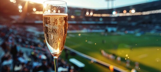 shiny glass of champagne against the backdrop of a sports stadium