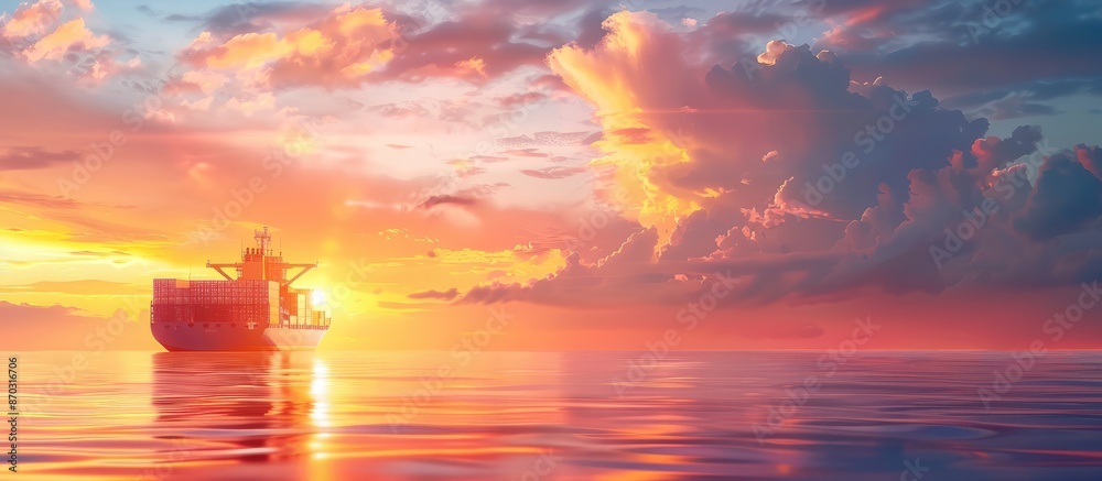 Poster a container cargo ship sailing at sunset with a dramatic sky backdrop and ample copy space image, il