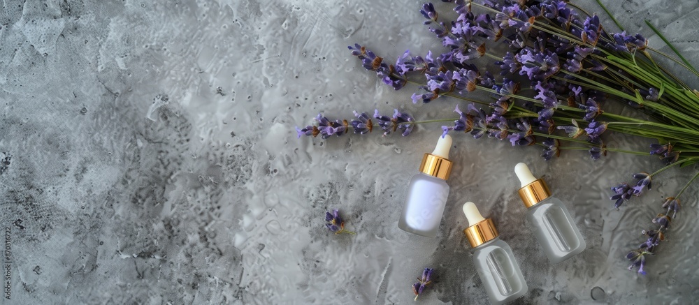 Aufkleber gray background with unbranded cosmetic serum bottles and lavender bunch in a top view flat lay comp