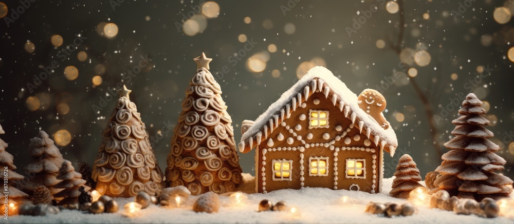 Poster Christmas gingerbread house adorned with cookie figures and a pine tree, displayed on a table with New Year numbers and lights; the scene is perfect for a festive copy space image.