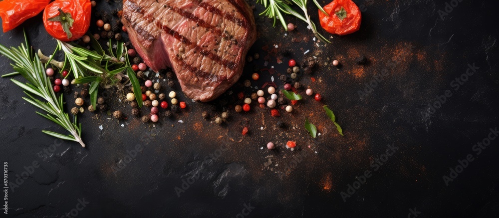 Leinwandbilder top view mock up of cooking steak on dark background with copy space image.