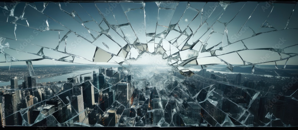 Poster A shattered window in a modern glass skyscraper, suggesting an accidental scenario, with a blank background suitable for any text in the image. with copy space image. Place for adding text or design