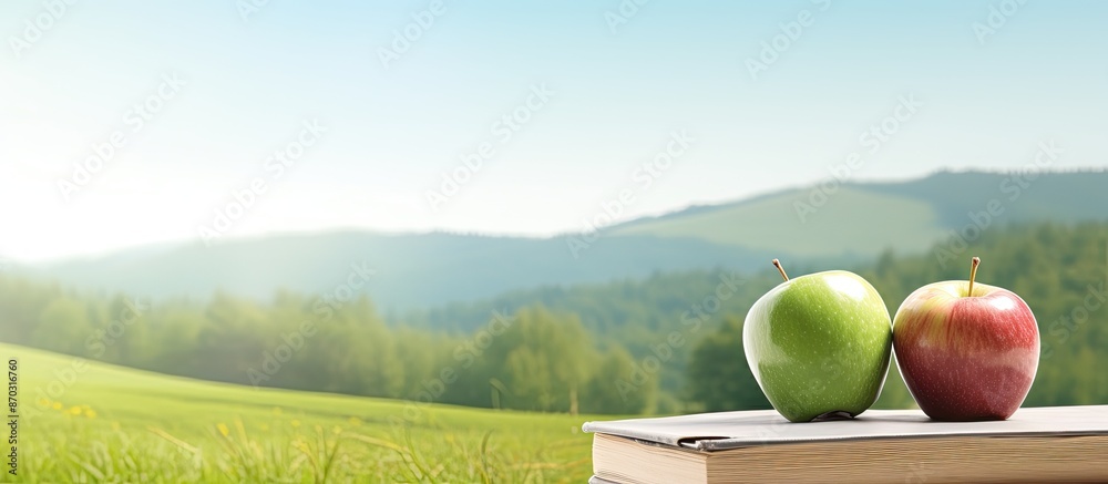 Poster green apple and stack of books displayed with white copy space image.