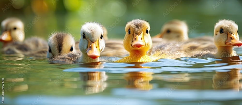 Poster small mallard duckling swimming with chickens in water with copy space image available.