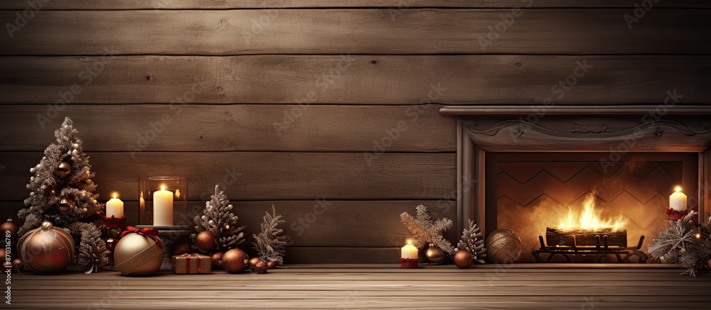 Poster copy space image of an empty wooden table amidst christmas ornaments against a backdrop with a cozy 