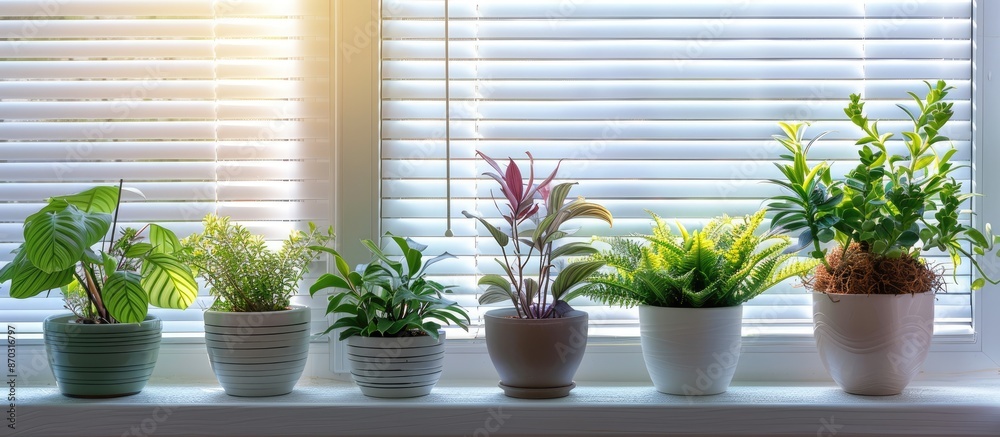 Aufkleber Different potted plants on sill near window blinds. Space for text. with copy space image. Place for adding text or design